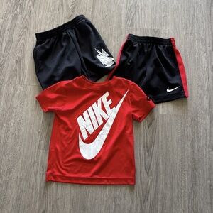 3 Nike Size 4 Black & Black/Red Pull-On Shorts & Red Tee White Nike Lettering